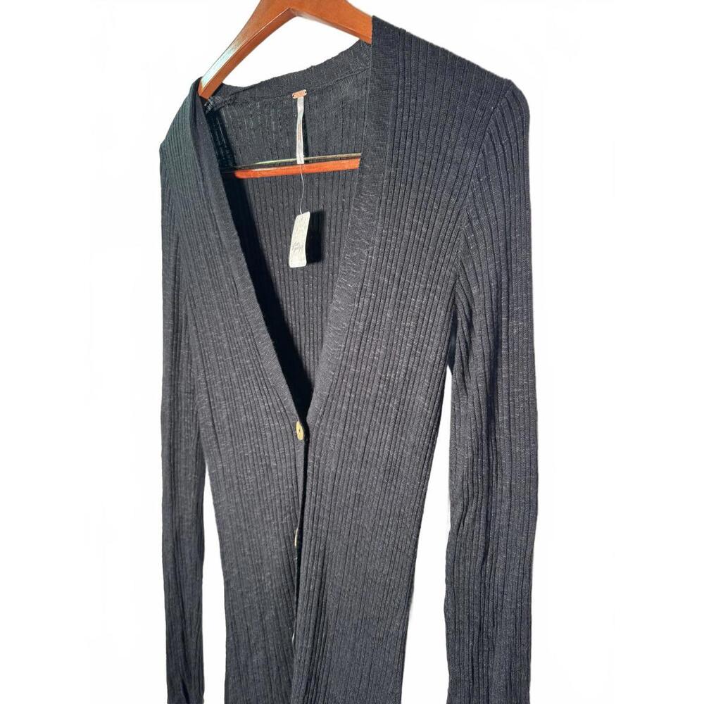 Free People Cardigan Sz Large Black Long Sleeve Date night Duster Button Front - Picture 8 of 9